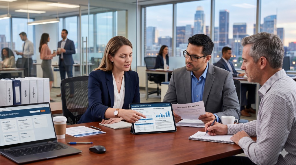 Mortgage correspondent professionals reviewing program guidelines and documentation